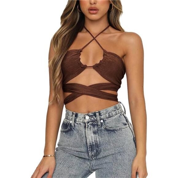 Brown Multi Way Wrap Halter Crop Top Backless Sexy Cutout Bandage Y2K Top - Picture 1 of 5